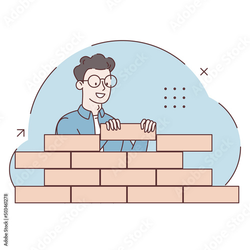Happy man building wall with bricks. Business start from first brick. Startup. Building and construction industry concept. Young man worker cartoon character builder.  Flat design. Vector illustration