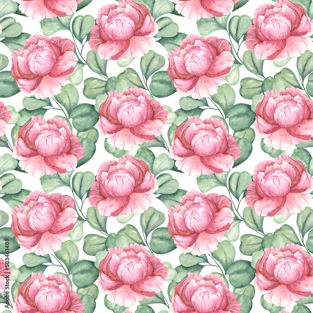 Watercolor peonies and eucalyptus. Pastel pink flowers and gray-green leaves. A delicate seamless pattern.