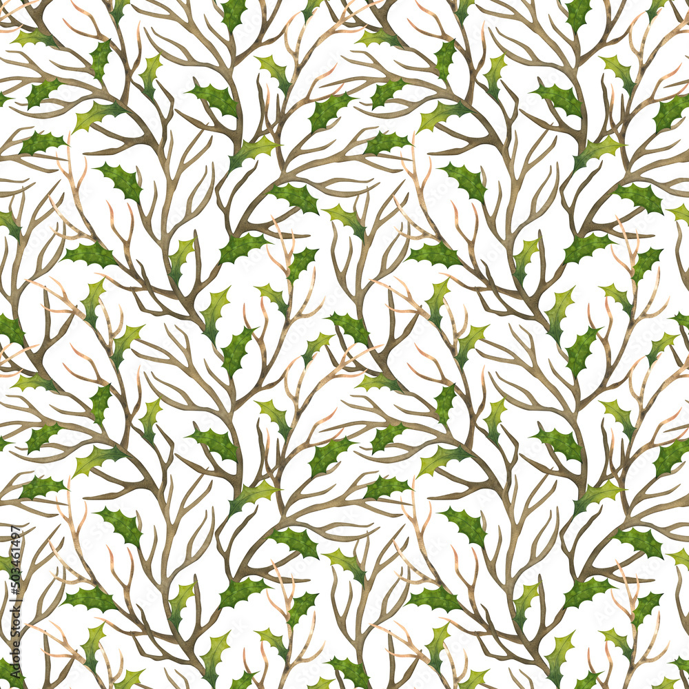 Ornament made of dried branches and leaves of holly. Watercolor seamless pattern. Brown branches and green leaves. Drawing of forest plants. Ornament made of dried branches and leaves of holly. Watercolor seamless pattern. Brown branches and green leaves. Drawing of forest plants.