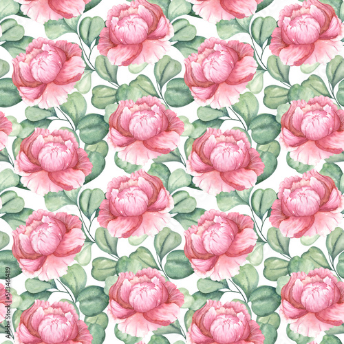 Fototapeta Naklejka Na Ścianę i Meble -  Watercolor peonies and eucalyptus. Pastel pink flowers and gray-green leaves. A delicate seamless pattern.