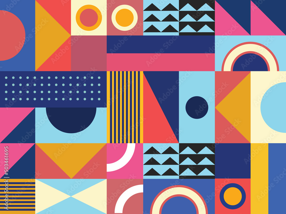 Obraz premium Geometric graphics Retro Swiss modernism, poster with people and geometric shapes. Vector illustration 
