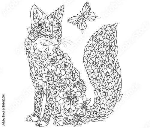 Floral adult coloring book page. Fairy tale fox. Ethereal animal consisting of flowers, leaves and butterflies.