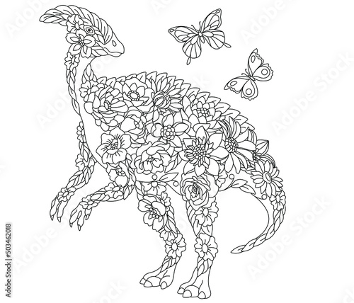 Floral adult coloring book page. Fairy tale hadrosaurus dinosaur. Ethereal animal consisting of flowers, leaves and butterflies.