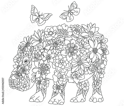 Floral adult coloring book page. Fairy tale hippo. Ethereal animal consisting of flowers, leaves and butterflies.
