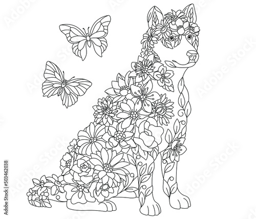 Floral adult coloring book page. Fairy tale husky dog. Ethereal animal consisting of flowers, leaves and butterflies.