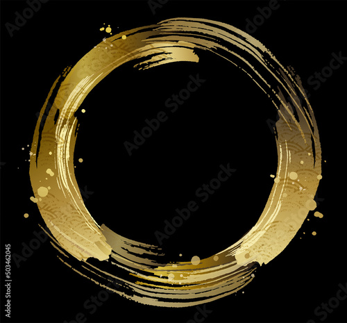 グランジの波模様がある金色の筆の輪黒背景
