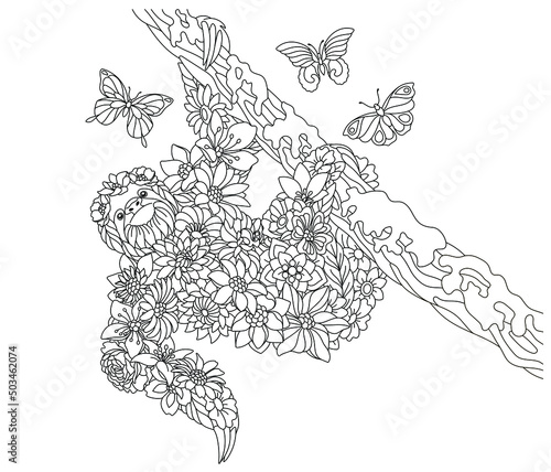 Floral adult coloring book page. Fairy tale sloth on the tree. Ethereal animal consisting of flowers, leaves and butterflies.