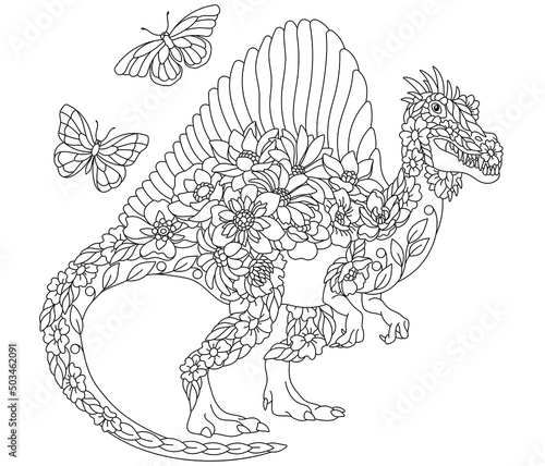 Floral adult coloring book page. Fairy tale spinosaurus dinosaur. Ethereal animal consisting of flowers, leaves and butterflies.