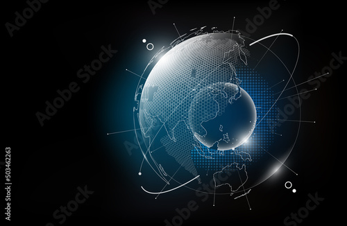Futuristic technology globe in hologram globalization concept, world map hexagon pattern transparent for digital graphic element, vector illustration