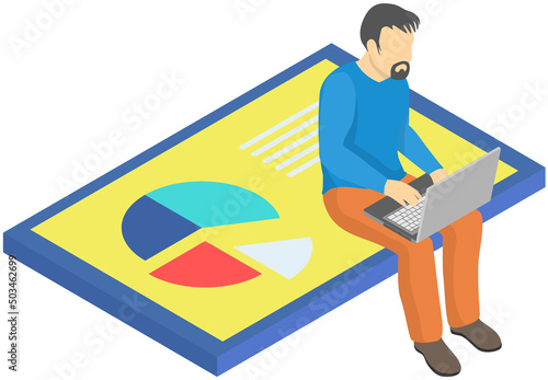 Analytics information and development statistics. Web analysis measure, product testing technology. Man analyses dashboard seo optimization, digital report. Statistical indicators and data on diagram