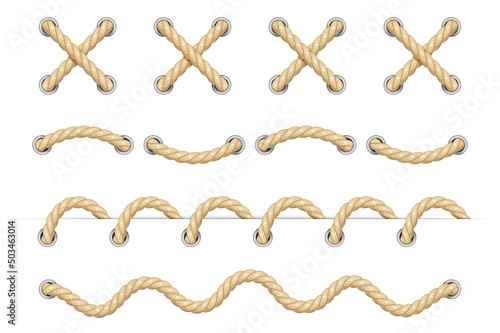Rope. Set of various decorative rope elements. Rope laces, knots and decorations. Nautical rope, shoe lacing, decorative binding of paper and fabric. Isolation. Vector illustration photo