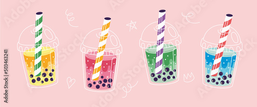 Set of four different Bubble tea cups. Taiwan milk tea with tapioca pearls. Boba  tea Yummy Beverages. Asian Taiwanese soft drink. Cartoon style. Hand drawn colored trendy vector illustration. 