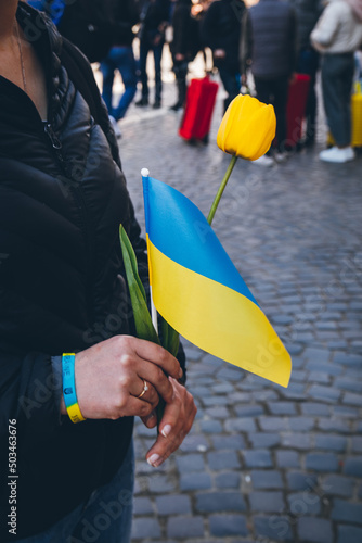 Ukrainian flag and flower in woman's hand. Peaceful demonstration of Ukrainian refugees against the war in Ukraine. 