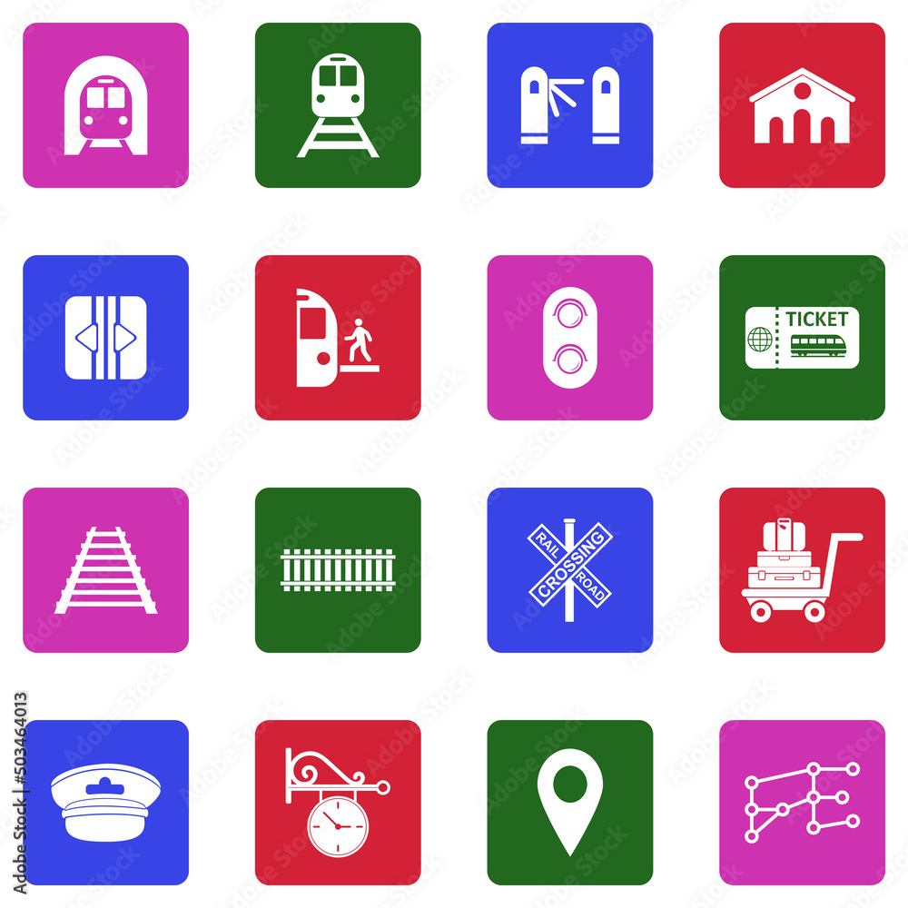 Railway Icons. White Flat Design In Square. Vector Illustration. Railway Icons. White Flat Design In Square. Vector Illustration.