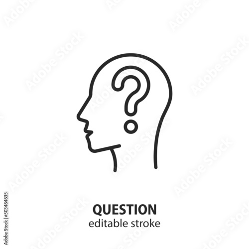 Human head profile with question mark line icon. Head question task vector symbol. Thinking man sign. Editable stroke.