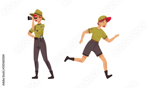 Forest rangers working in national parks. Park ranger in uniform protecting and preserving nature vector illustration