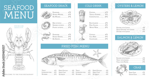 Seafood restaurant menu design with hand drawing fish. Vector illustration