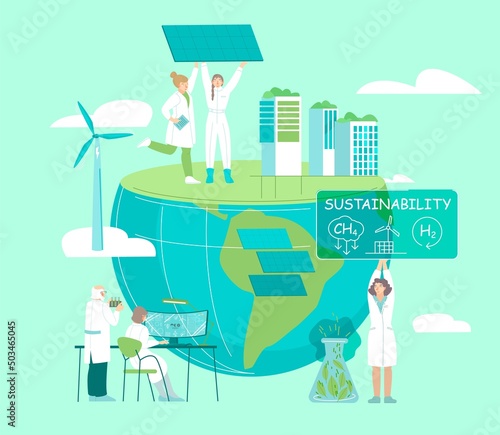Group of scientists working on futuristic projects. Editable illustration