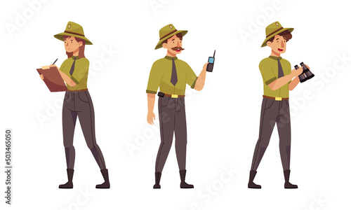 Forest rangers in khaki uniform working protecting and preserving nature vector illustration