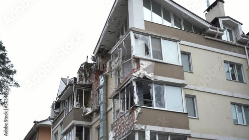 Irpen/Ukraine - 7.05.2022: Bombed and burned house of civilians during the Russian occupation
