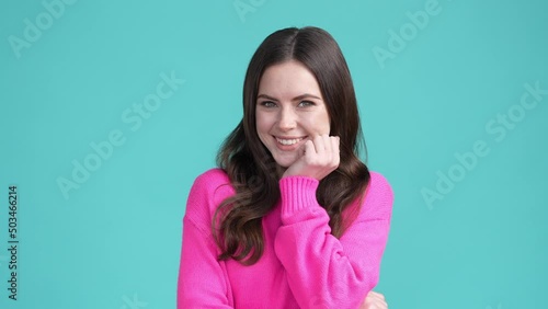 Lady listen boyfriend look compliment feel shy isolated cyan color background