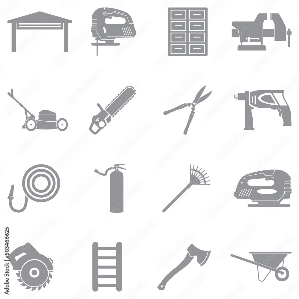 Obraz premium Home Workshop Icons. Gray Flat Design. Vector Illustration.