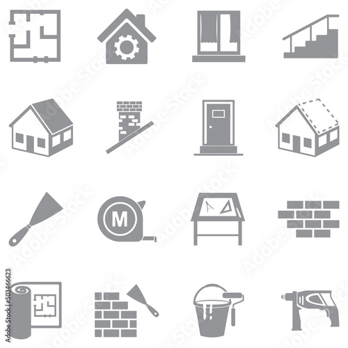 Home Building Icons. Gray Flat Design. Vector Illustration.