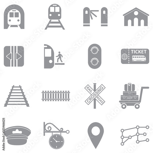 Railway Icons. Gray Flat Design. Vector Illustration.
