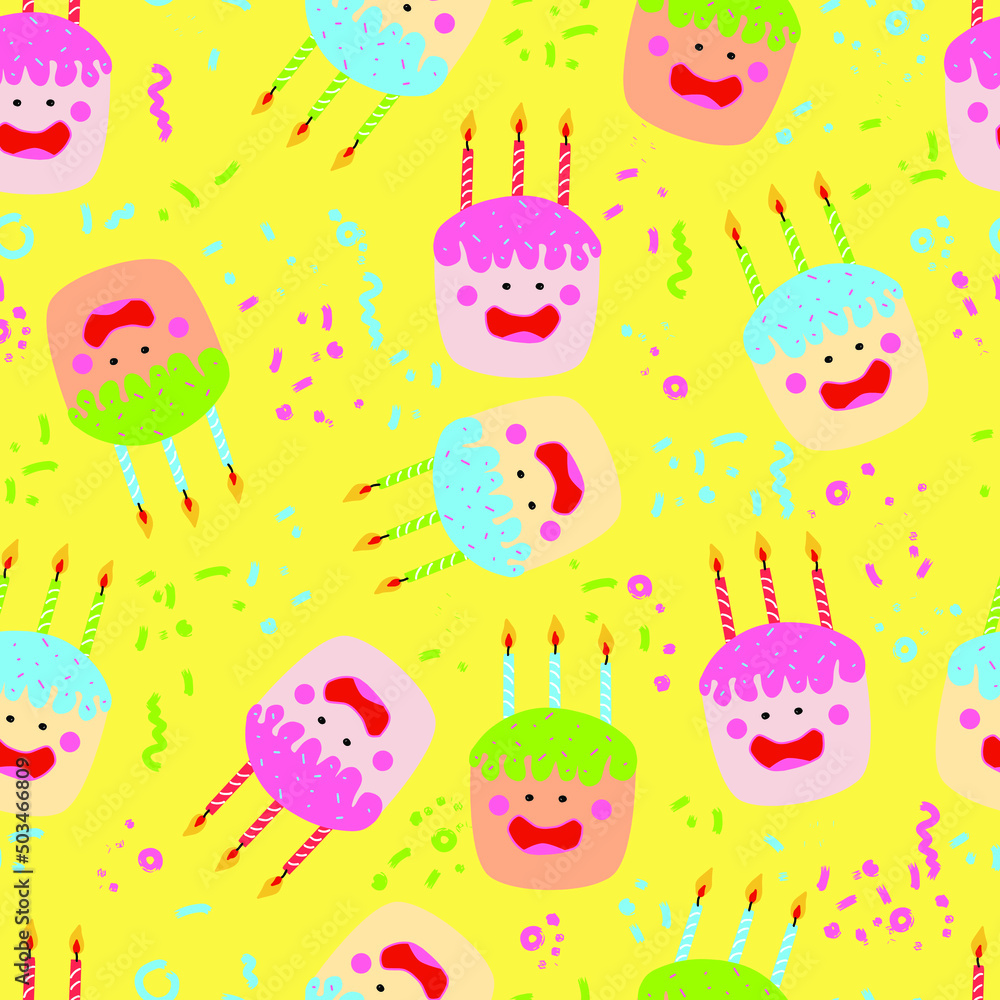 Fototapeta premium cute kawaii cakes with candles isolated quirky characters with face eyes cheeks and smile vector seamless pattern with confetti