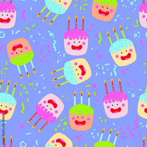 cute kawaii cakes with candles isolated quirky characters with face eyes cheeks and smile vector seamless pattern with confetti