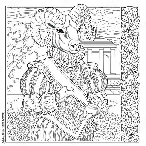 Fantasy fairytale ram or goat man. Vintage coloring book page for adults. 