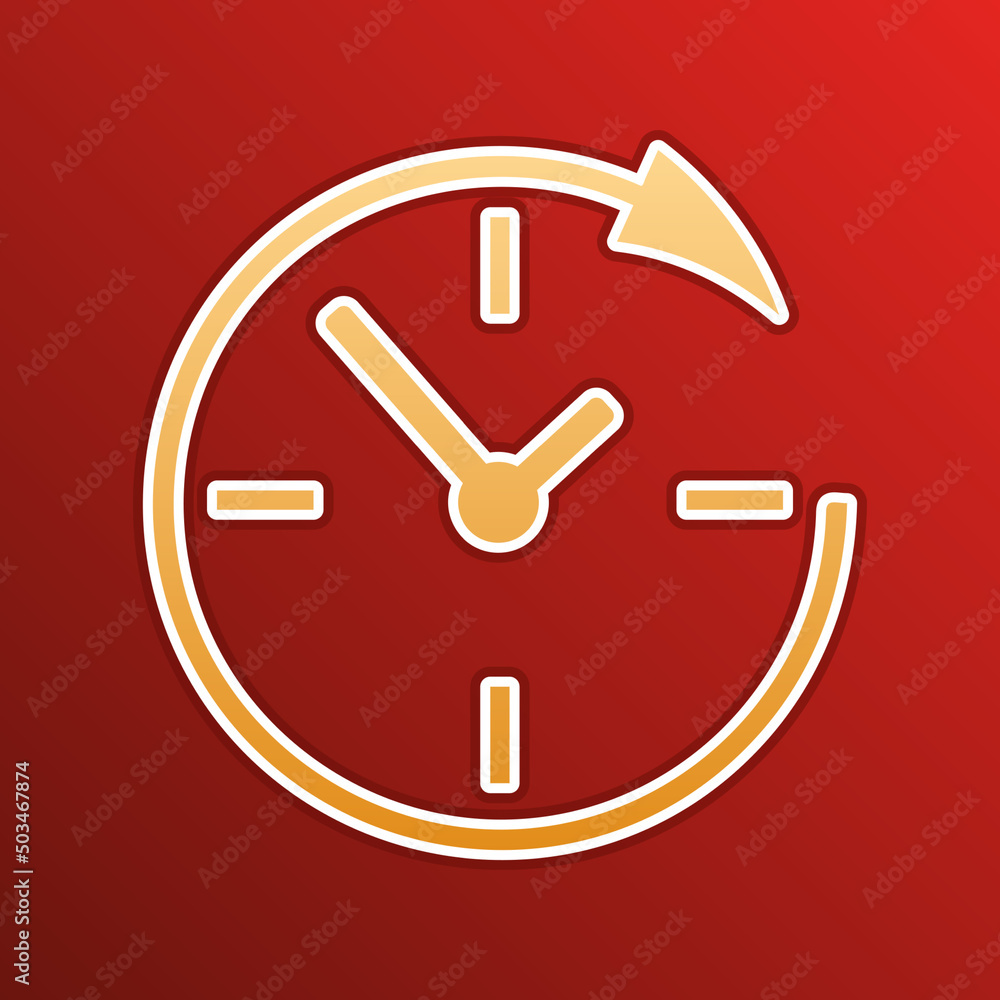 Wall clock. Support. Golden gradient Icon with contours on redish Background. Illustration.