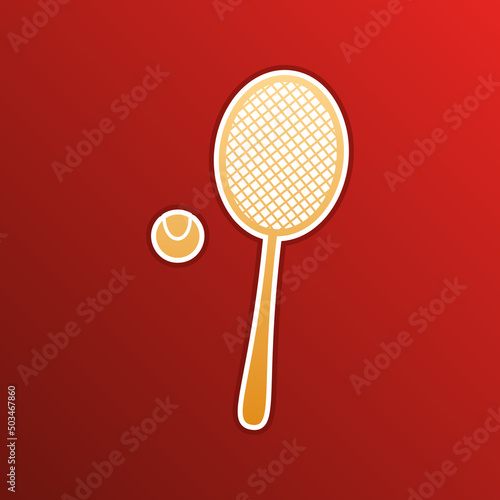Tennis racquet with ball sign. Golden gradient Icon with contours on redish Background. Illustration.
