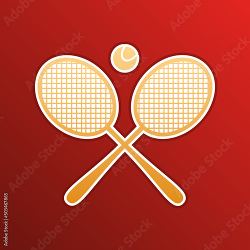 Two tennis racket with ball sign. Golden gradient Icon with contours on redish Background. Illustration.