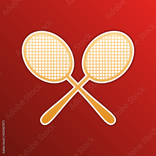 Two tennis racket sign. Golden gradient Icon with contours on redish Background. Illustration.