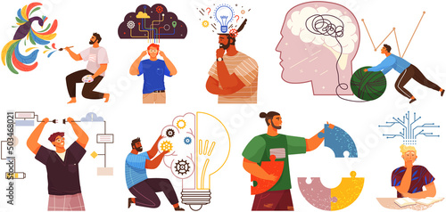 Set of illustrations about people with different mental mindset types or creative models. Psychological assistance, maintaining brain activity. Psychotherapy, development of personality concept