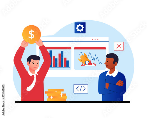 Success or failure. Men show their results, talented and unsuccessful investor. Comparison of entrepreneurs. Financial literacy versus illiteracy, competition. Cartoon flat vector illustration