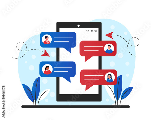 Tablet with users. Social networks and instant messengers, chats of friends. Chatting in Internet. Modern technologies and digital world. Smartphone application. Cartoon flat vector illustration