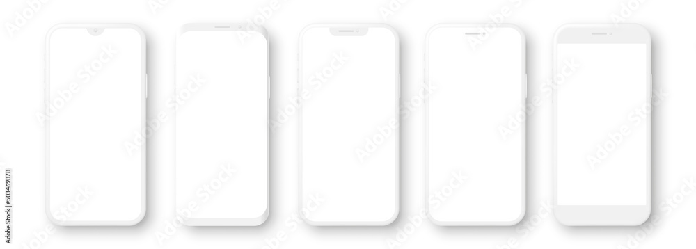 Realistic white mockup smartphone set with blank screen. 3d mobile phone models. Vector illustration - obrazy, fototapety, plakaty 