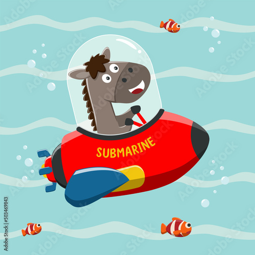 Diving with funny horse driving submarine. Creative vector childish background for fabric, textile, nursery wallpaper, poster, card, brochure. vector illustration background.
