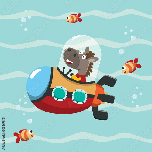 Diving with funny horse driving submarine. Creative vector childish background for fabric, textile, nursery wallpaper, poster, card, brochure. vector illustration background. © Hijaznahwani