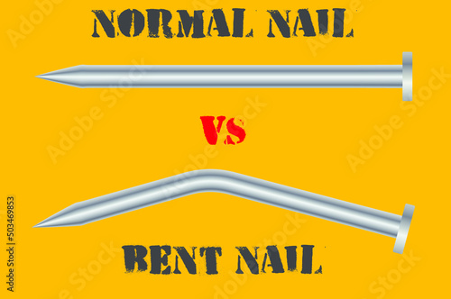 normal steel nail and bent steel nail with inscriptions