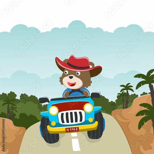 Cute bear cartoon having fun driving off road car on sunny day. Vector childish background for fabric textile, nursery wallpaper, card, poster and other decoration. Vector illustration.