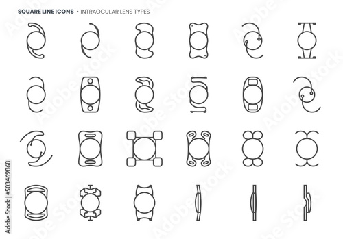 Intraocular lens types related, pixel perfect, editable stroke, up scalable square line vector icon set.