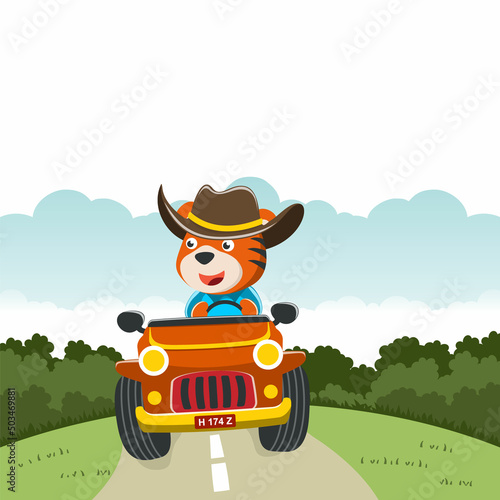 Cute tiger cartoon having fun driving off road car on sunny day. Vector childish background for fabric textile, nursery wallpaper, card, poster and other decoration. Vector illustration.