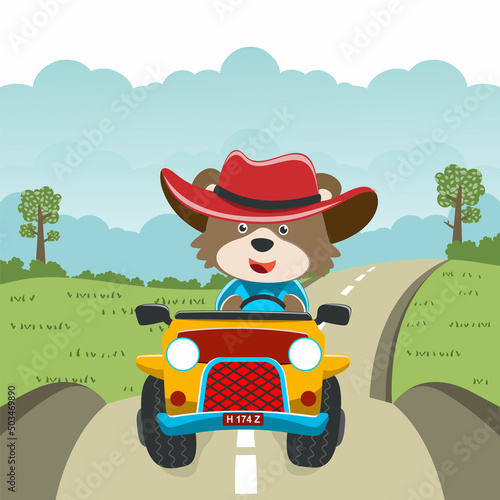 Cute bear cartoon having fun driving off road car on sunny day. Vector childish background for fabric textile, nursery wallpaper, card, poster and other decoration. Vector illustration.