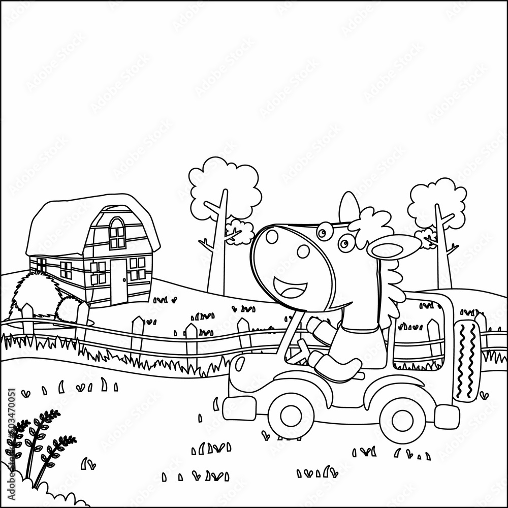 Cute little horse driving a car go to forest funny animal cartoon,  Trendy children graphic with Line Art Design Hand Drawing Sketch Vector illustration For Adult And Kids Coloring Book.