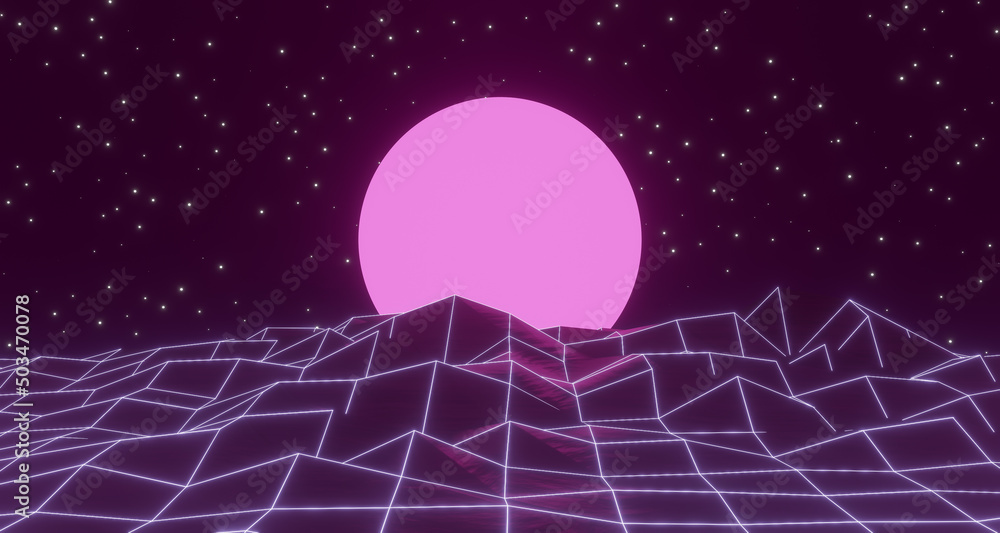 3d render, neon glowing retro wireframe with sun poster
3d render, neon glowing retro wireframe with sun poster