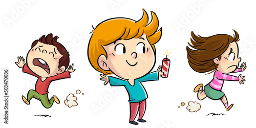 Illustration of boy with firecracker scaring his friends