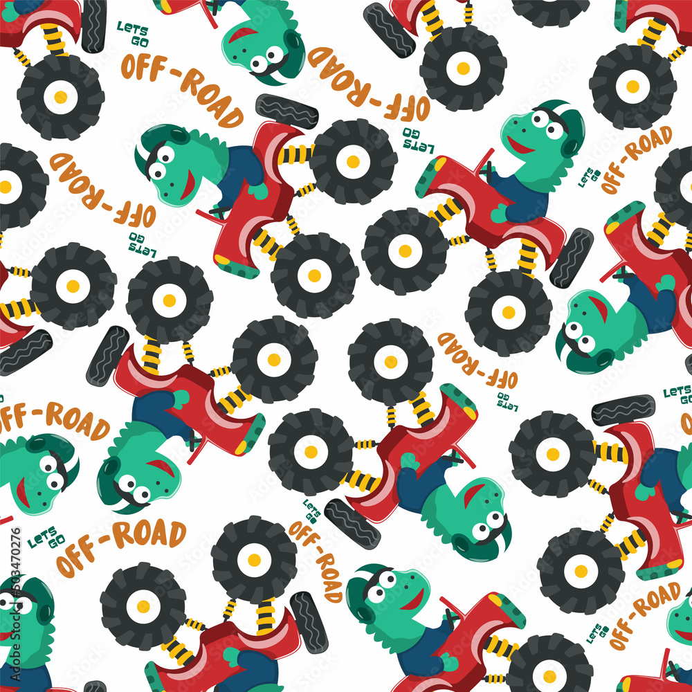 Seamless pattern vector of monster truck with animal driver. Creative vector childish background for fabric textile, nursery background, baby clothes, poster, wrapping paper and other decoration. Seamless pattern vector of monster truck with animal driver. Creative vector childish background for fabric textile, nursery background, baby clothes, poster, wrapping paper and other decoration.